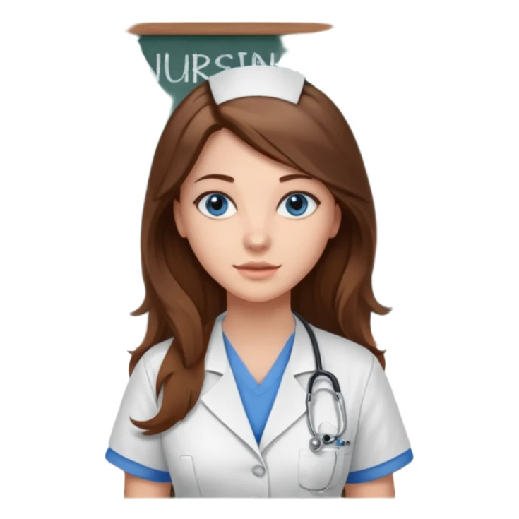 university classroom that says nursing school on the board with a pretty female nursing student with long brown hair, blue eyes sticker