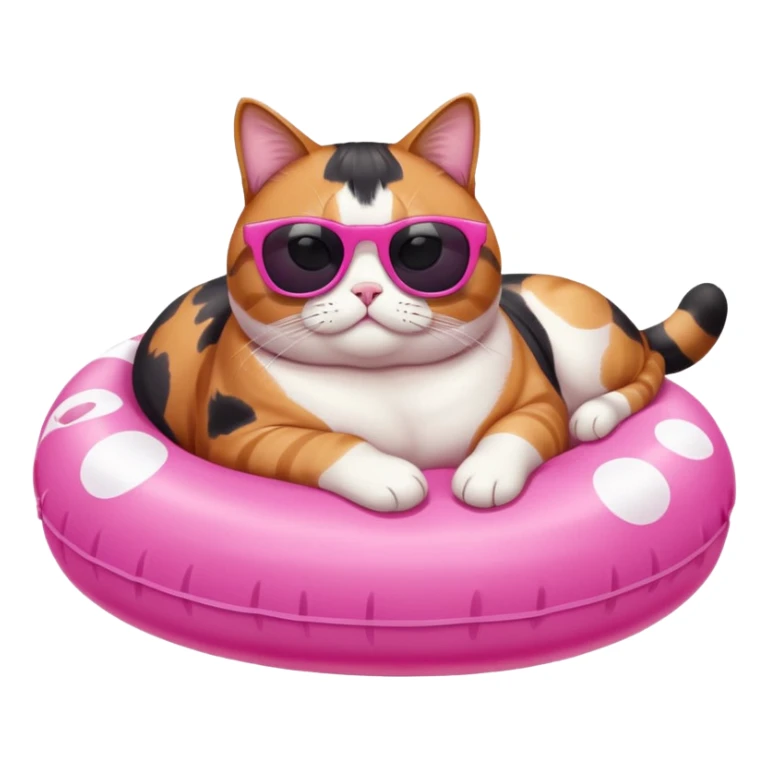 Fat calico cat with dark sunglasses lying on a pink pool floatie sticker