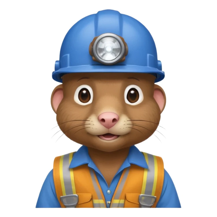 a mole rat, headlamp, BROWN worker cloth, blue helmet,  sticker