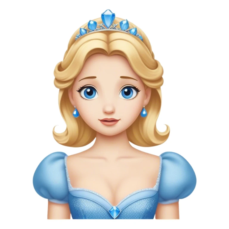 Cinematic Realistic Comical Cinderella Portrait, with every detail rendered realistically—from the soft, smooth texture of her fair skin to her artfully styled golden-blonde hair. Her bright blue eyes are wide with playful disbelief, and her expression carries a touch of whimsical humor while retaining elegant poise. Her classic ball gown, detailed with rich fabric textures and natural shadows, catches the light in a way that blends refined beauty with a hint of cheeky mischief, creating a striking, lifelike portrayal. sticker