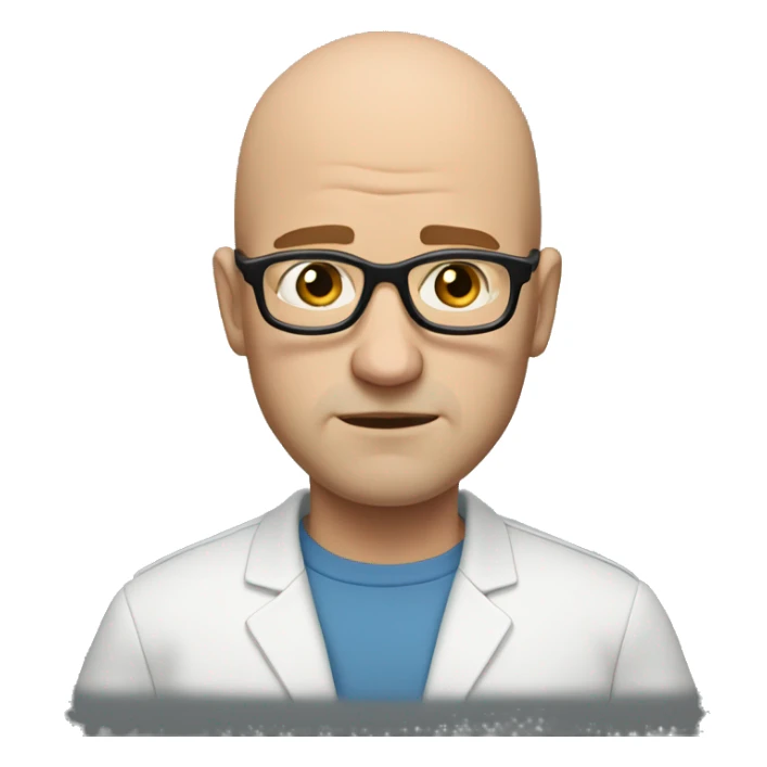 Bald white Man with brown hair, thick black glasses, frowning sticker