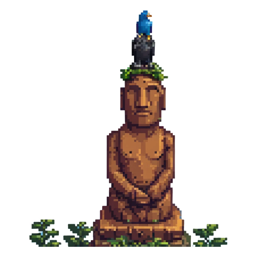 A bird sitting on the head of a moai statue. sticker