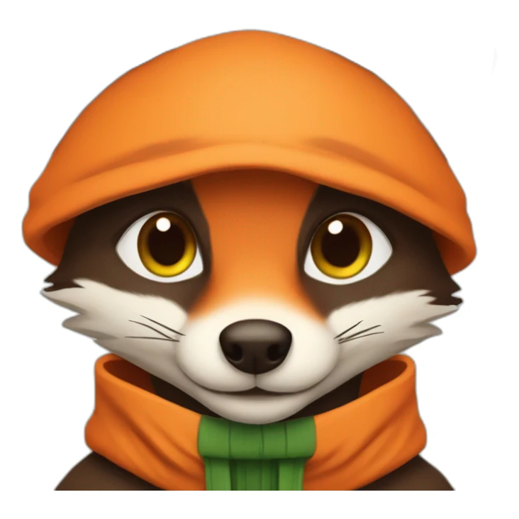 a small dark brown fox with orange eyes with a dark green hood that smile sticker