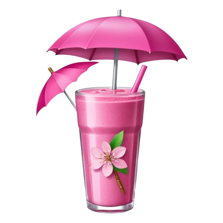 Hot pink smoothie with glitter, cherry blossom, and straw with umbrella sticker
