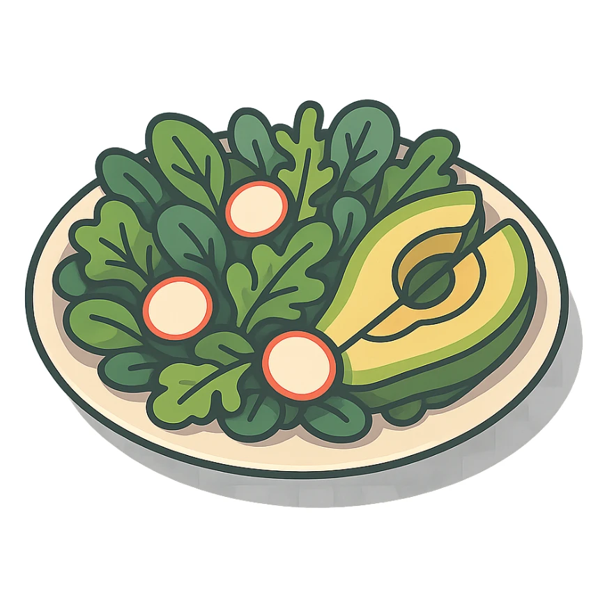 a plate with mixed salad greens radishes and avocado in 2D isometric illustration style sticker