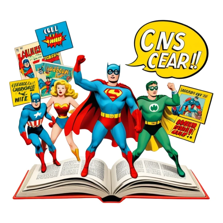 Icon for Vintage American Comics: an open comic magazine with classic 1940s-1950s American comic art, featuring superheroes in bold, bright colors, with action panels and exaggerated speech bubbles. The icon should represent the nostalgic style of vintage comics. Transparent background. sticker