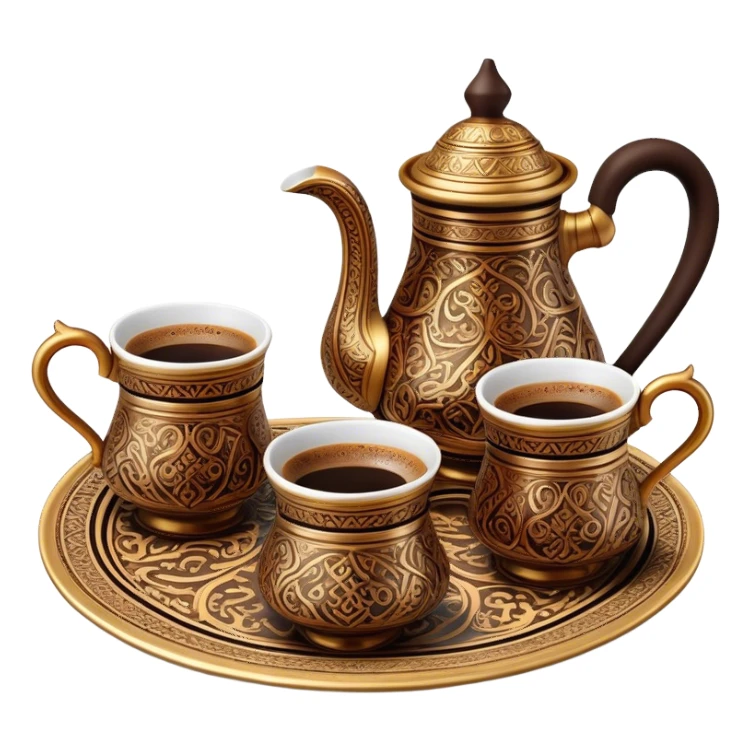Turkish Coffee Set – Cinematic Realistic Turkish Coffee Set, depicted as an elegantly arranged ensemble of ornate coffee cups and a traditional cezve pot, adorned with intricate patterns and rich, warm colors, rendered with detailed textures and soft ambient lighting that captures its cultural heritage. sticker