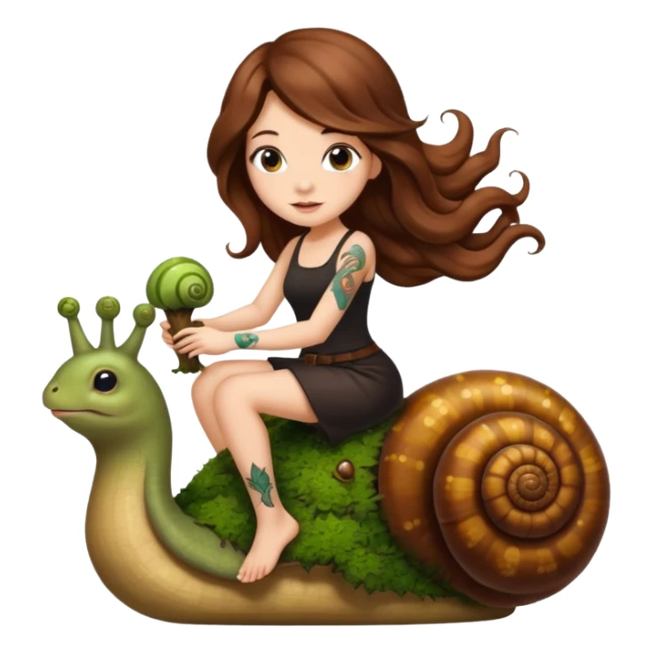 cute woman long wavy brown hair tattoos riding moss snail sticker