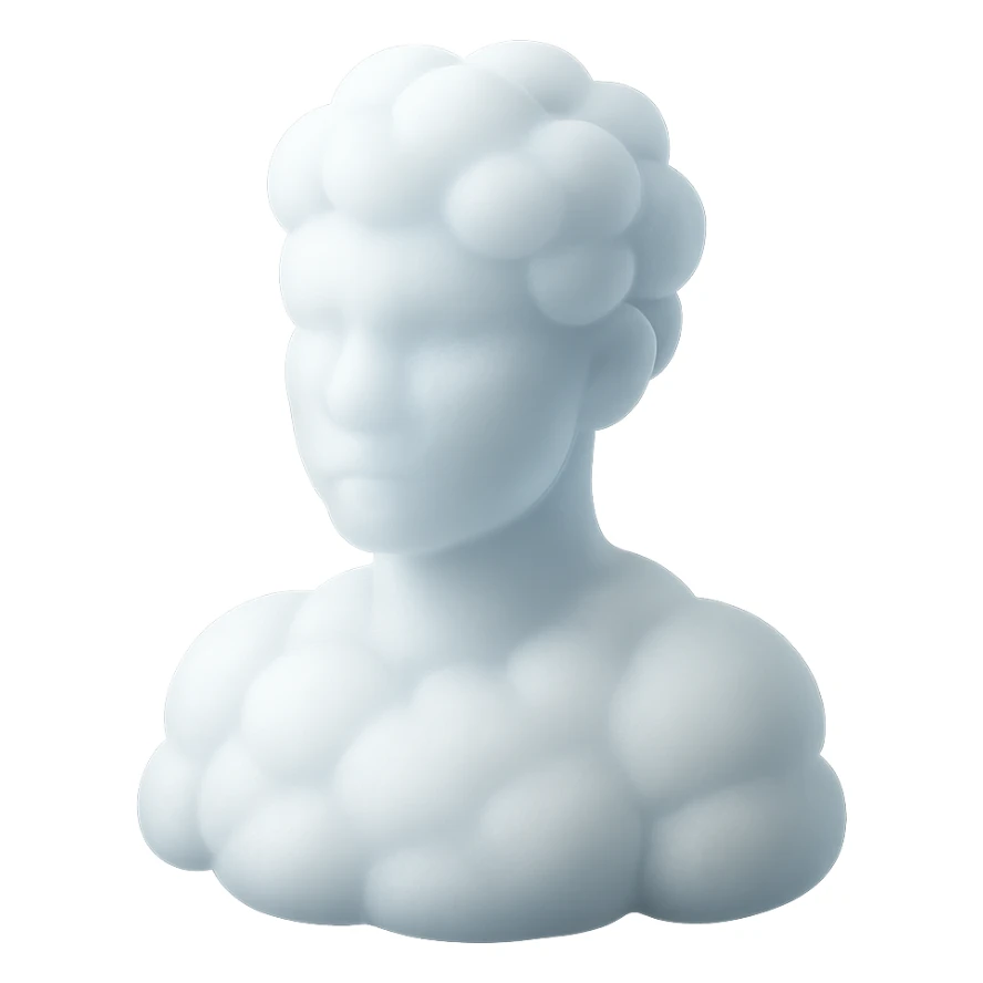 person looking straight, composed entirely of white fluffy convex clouds, shoulders up, matte glass style sticker