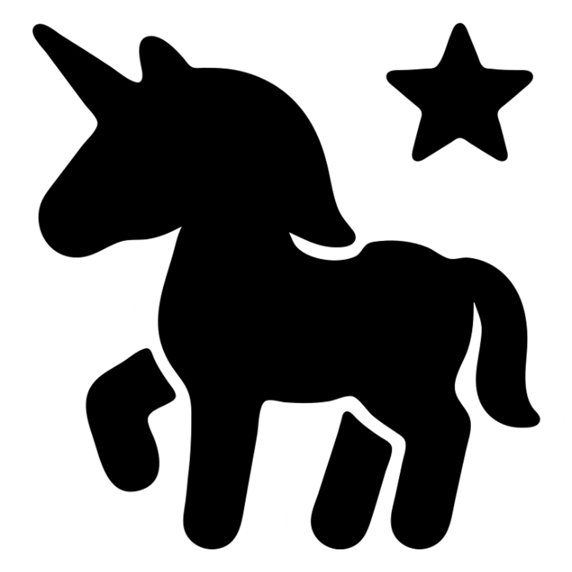 A unicorn in a black filled icon style, with a star. sticker
