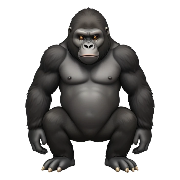 cinematic-friendly relaxed gorilla-realistic-full-body-crouched on all fours-emoji,-broad-frame-poised-with-confidence,-massive-arms-hanging-slightly-forward,-head-tilted-thoughtfully,-thick-black-fur,-deep-dark-eyes-full-of-intelligence,-simplified-yet-realistic sticker