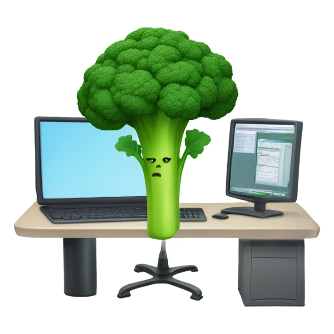 Generate a creative broccoli emoji sitting in front of a computer with a stylus, designing something on a screen. sticker