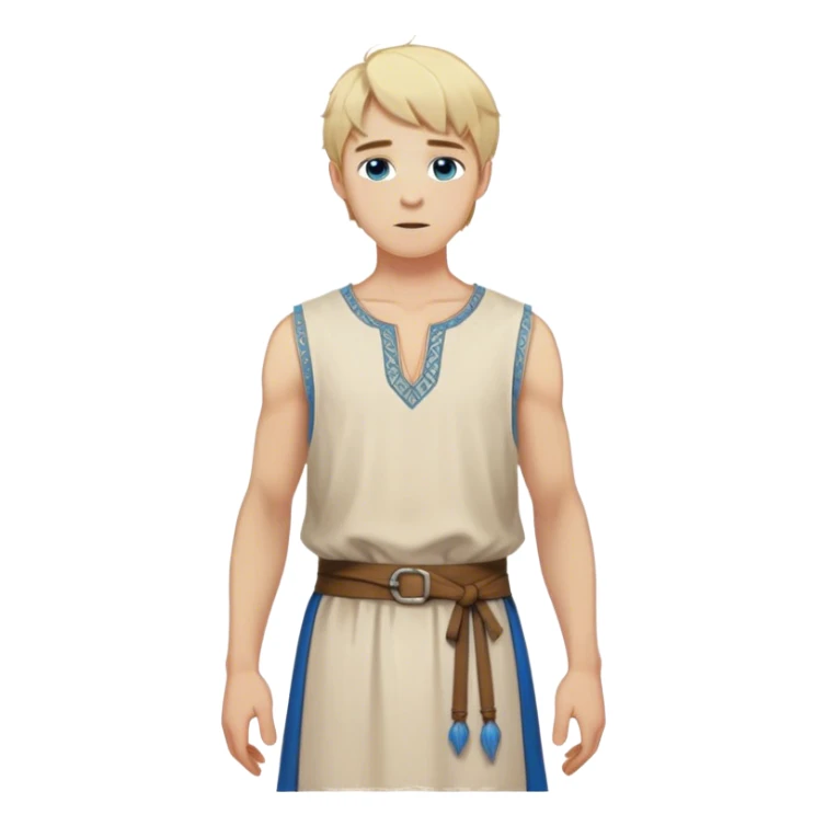 medieval summer outfit worn by a DnD themed fantasy character. basic lightweight sleeveless tunic with a decorative trim along the edges. clothes only above the waist. The clothes full waist. The character's haven't arms. character is blonde hair, blue eyes, short messy hair, white-skinned man. sticker