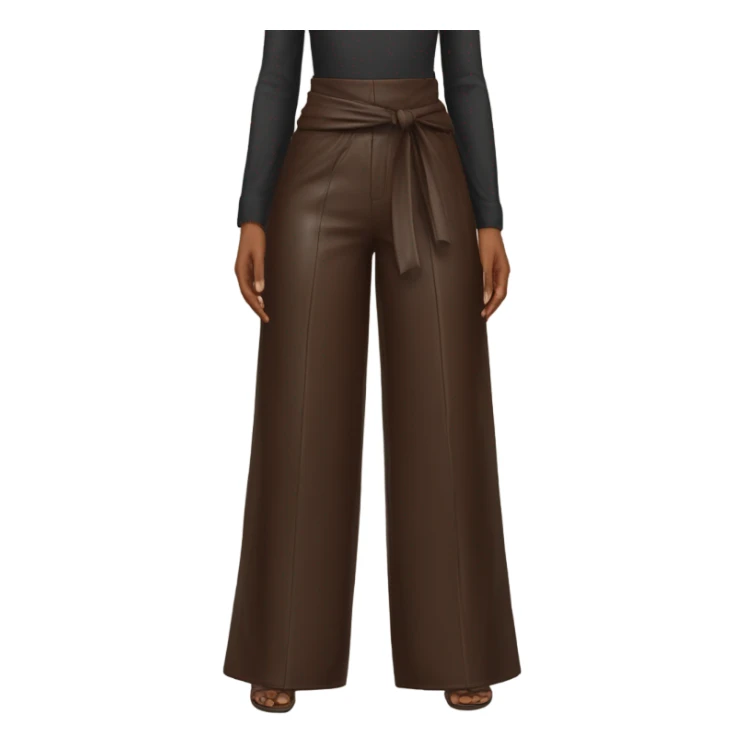 Dark brown High waisted leather wide leg pants with tie front sticker