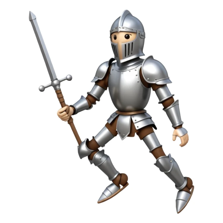 3D render of Knight Puppet as a wooden marionette puppet, Painted silver wood armor, strings, silver metal screw joints at elbows and knees, polished brown wood texture, rigid toy pose, emoji style, isolated on white background --v 6.0. sticker