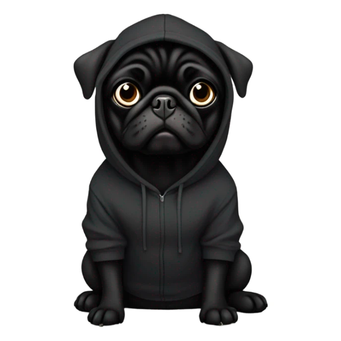 Black pug wearing a black hoodie sticker