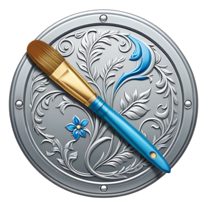 Metal painting icon, intricate hand-painted metal surface with detailed patterns, visible paintbrush, metal tools, vibrant enamel or acrylic paints, finished artwork and the painting process, minimalistic style, clean lines, transparent background. sticker
