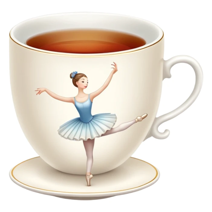 A tea cup with a tea bag tag hanging out, dancing en pointe in a classical ballet position sticker