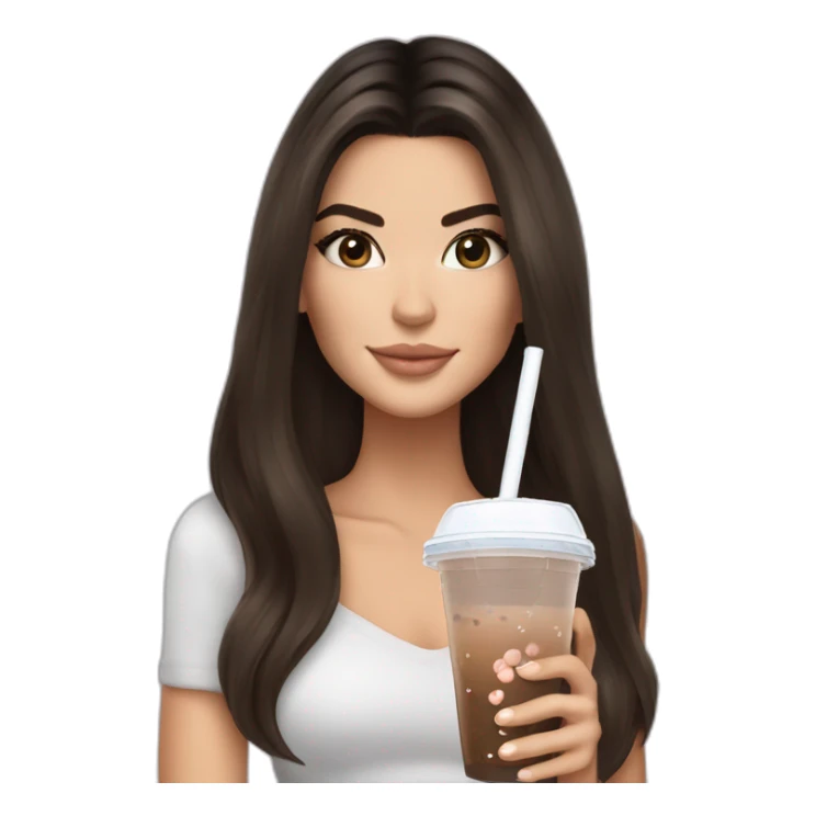 brunette Kendall Jenner with long hair holding bubble tea sticker