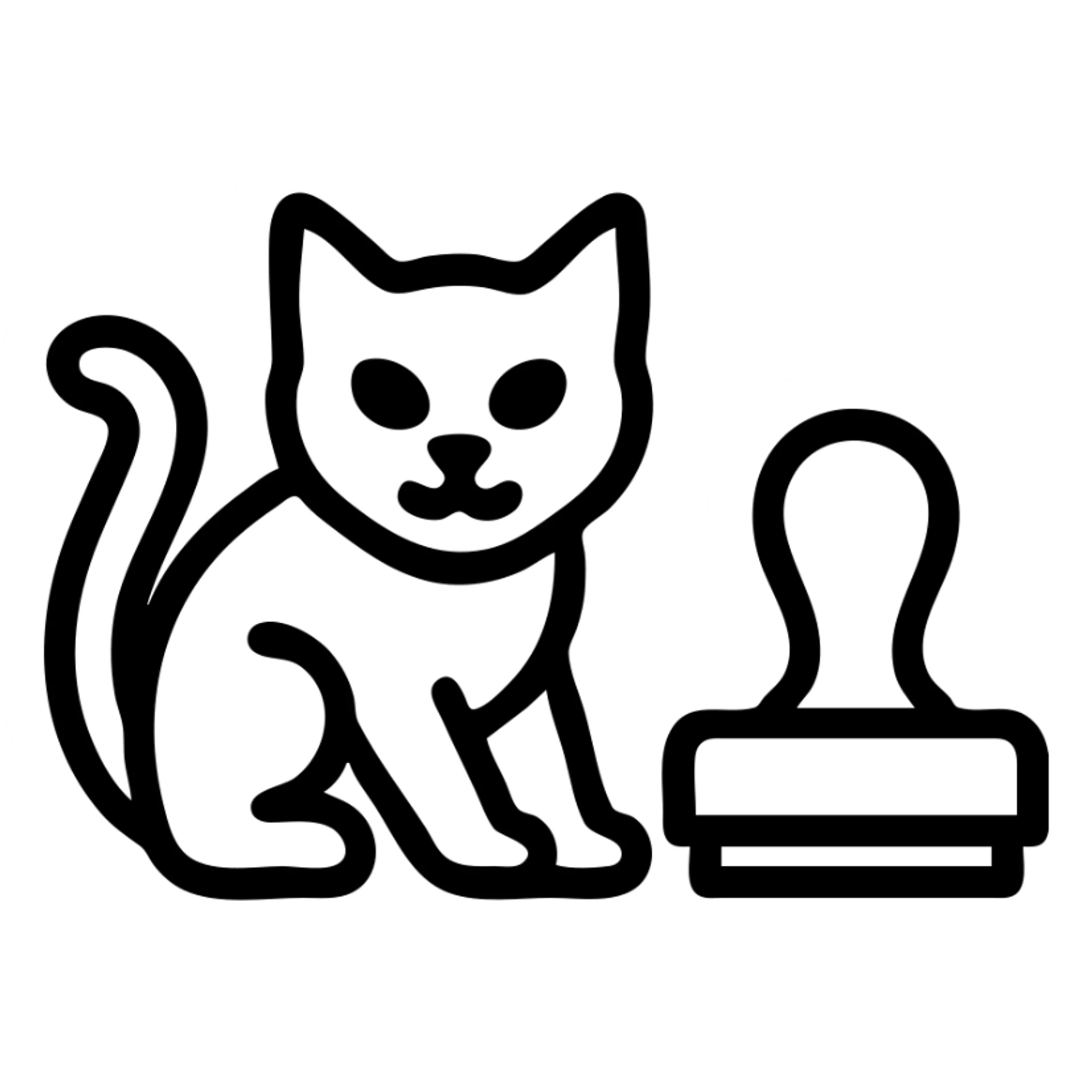 black cat next to a rubber stamp, playful and bold, simple iconic black outlined icon sticker