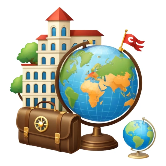 An icon featuring a hotel building, and a globe, symbolizing the scientific study of tourism and hospitality. The design includes a map, a compass, and a checklist, representing travel planning and service management. Transparent background highlights the academic exploration of the tourism industry sticker