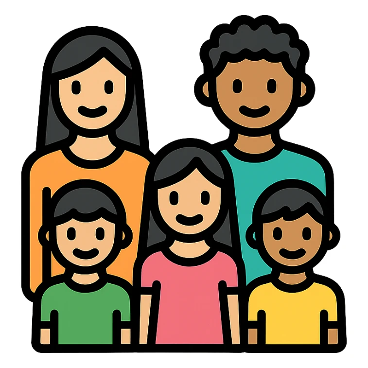 A Hispanic family of five standing together with transparent background: mom with long straight hair, dad with short curly hair, two boys with matching short hair, and one girl with long straight hair, correct genders and ages, color outline style sticker