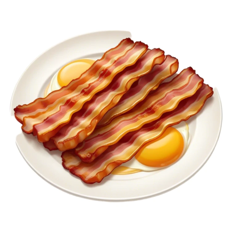 Cinematic crispy sizzling bacon, slightly curled, golden-brown with a perfect crunch, glistening with rich flavor, deep warm tones, served on a breakfast plate, comforting and indulgent. sticker