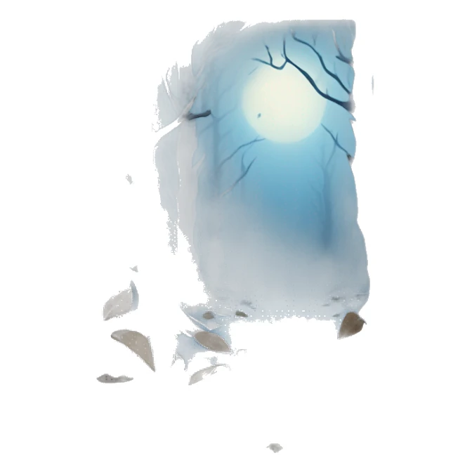 Forest with withered leaves, foggy, night, blue visual, in a frame  sticker