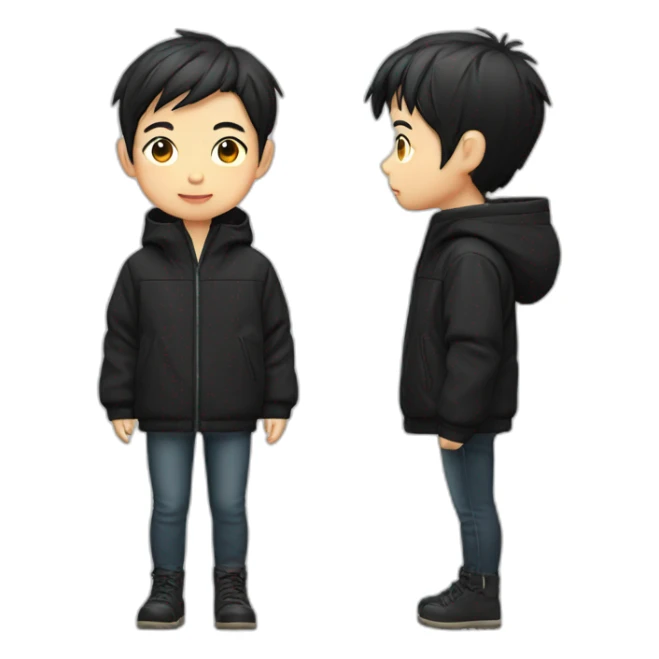 Japanese short-haired Chinese boy wearing a cool black oversize waterproof jacket sticker