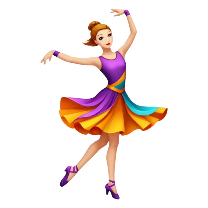 Icon for Contemporary Dance: bright modern clothing, dynamic abstract shapes, movement lines, and stage lighting like spotlights. The icon should convey the energy and creativity of contemporary dance through symbols and visual elements. Transparent background. sticker