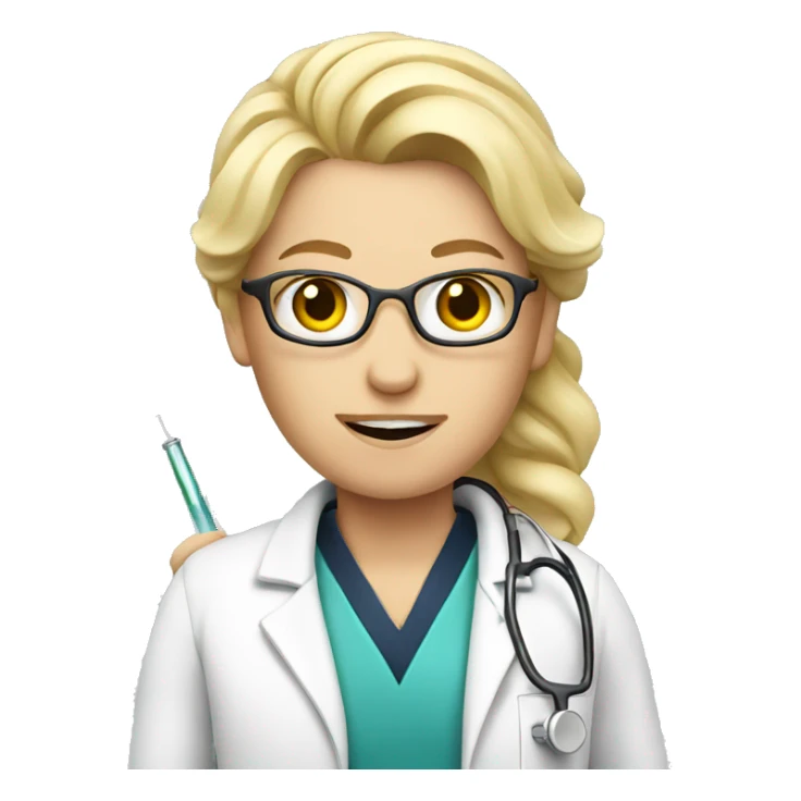 a blond doctor with a syringe sticker