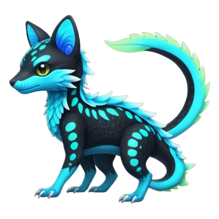 Rare realistic black-scaled neon-glowing bioluminescent edgy badass epic pretty beautiful handsome gorgeous aesthetic colorful vibrant Vernid-Trico-species-Fakemon-creature by LiLaiRa, 4 legs, 1 tail, random markings, (full body) sticker