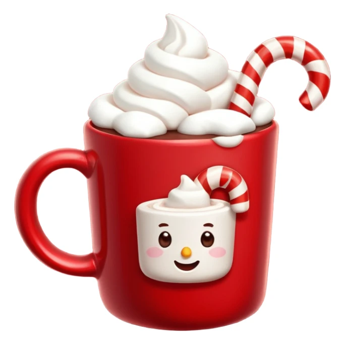 hot chocolete with marshmallows in red christmas mug and candy cane sticker