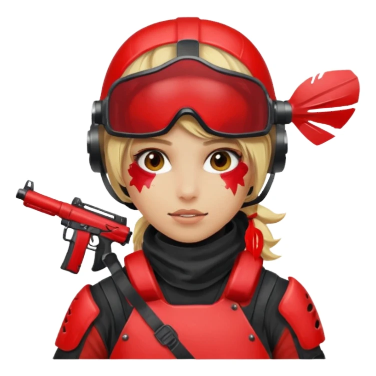 blond girl playing paintball with red paintball face gear sticker