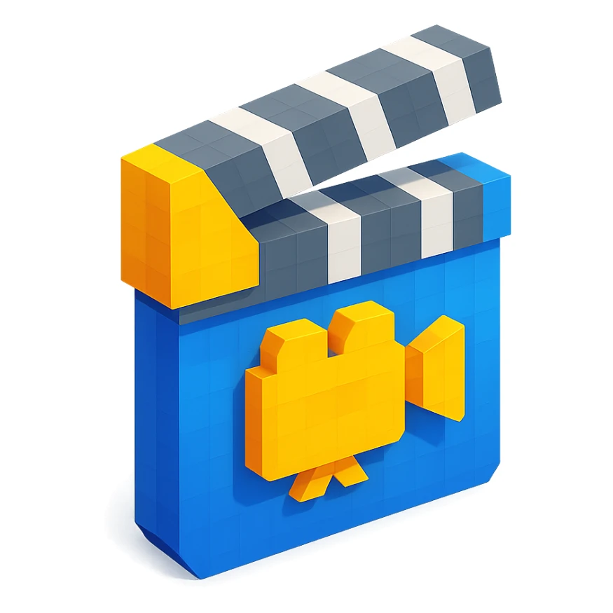 voxel style movie clapperboard with a camera icon, isometric view sticker
