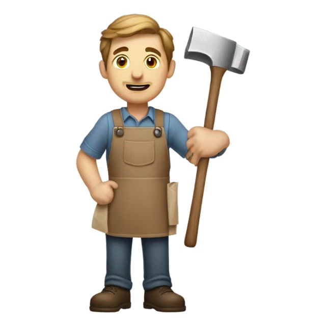 "A sturdy man with rough hands, short light brown hair, and a friendly, naive expression. He wears a work apron over simple clothes and holds a hammer or wood in a rustic workshop." sticker