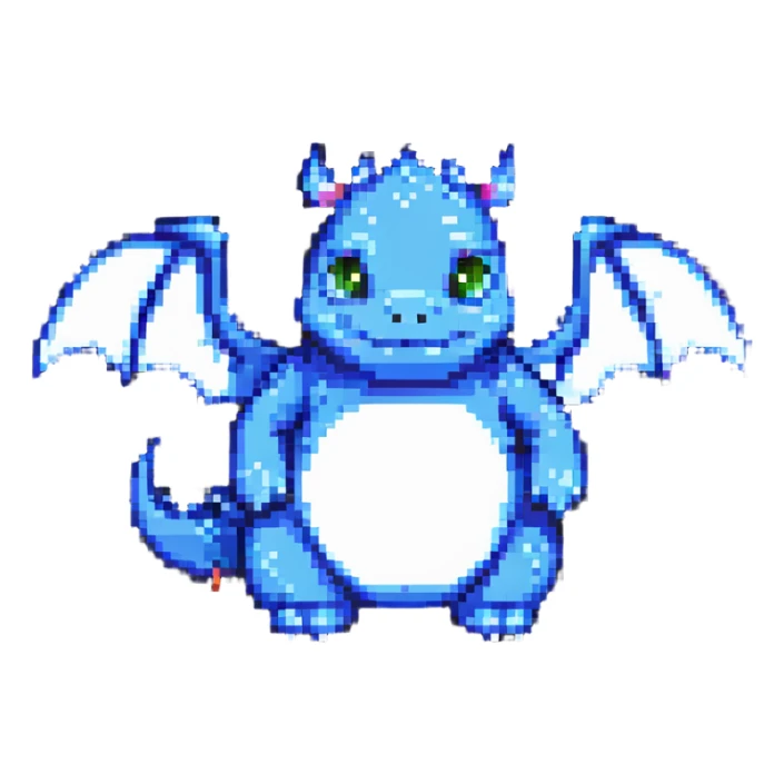 pixel art chubby dragon with very small wings, playful pose sticker