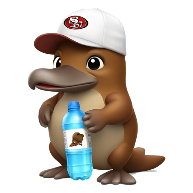brown cartoon platypus wearing a white 49er hat holding water bottle sticker