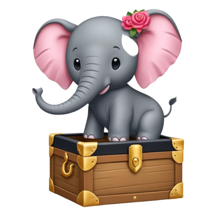 Une boite à trésor ouverte, avec un éléphant rose qui sort sa tête sticker