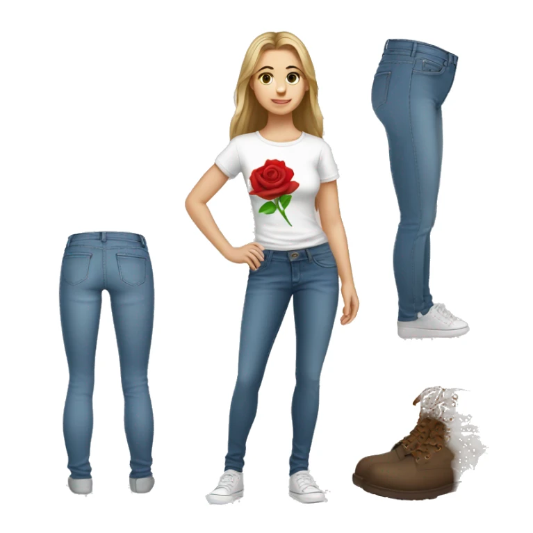 girl full body jeans caucasian tshirt rose sticker