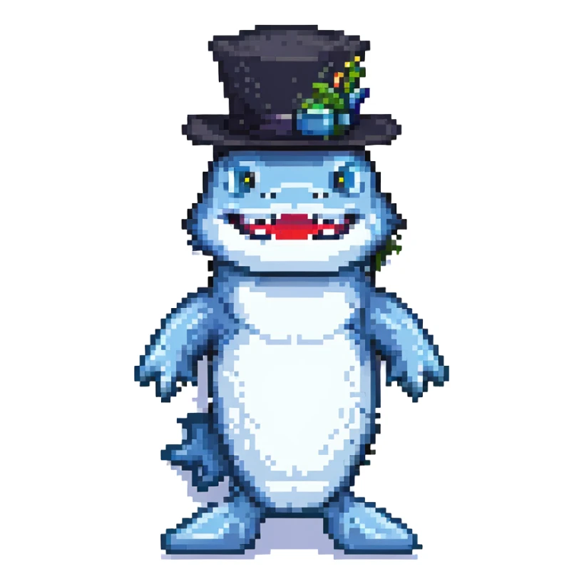 pixel art style shark with a black tophat sticker