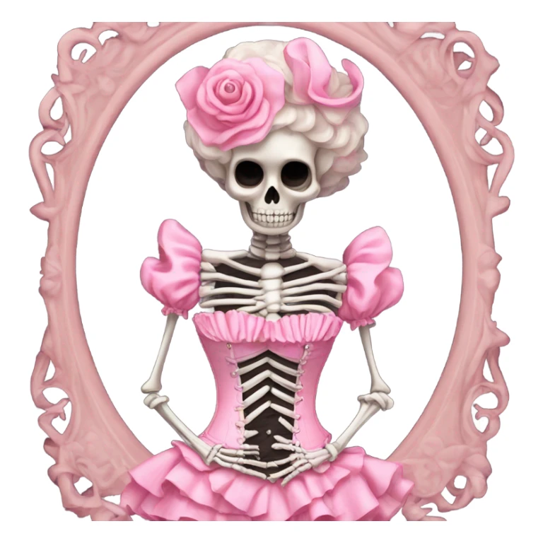 Skeleton wearing a pink laced corset top with ruffles  sticker
