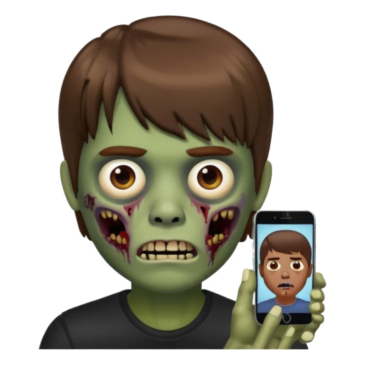 Homem de cabelo marrom com franja, zumbi estilo memoji iphone sticker