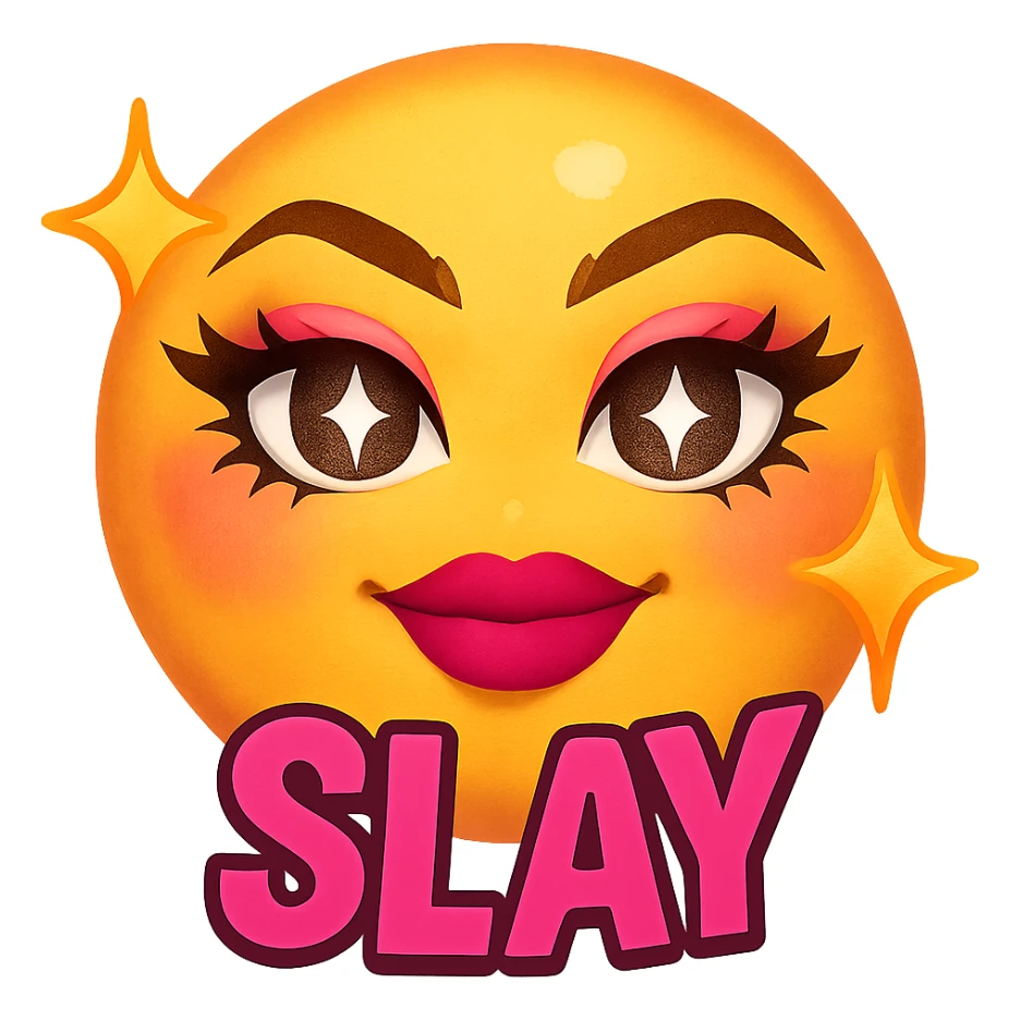 slay emoji, sparkling eyes, radiant and trendy, no background sticker