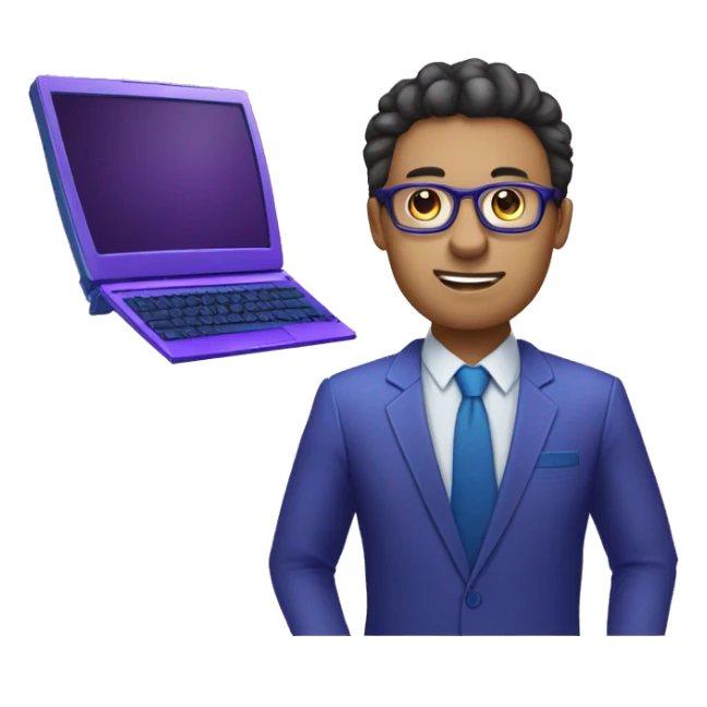 Développeur web  intelligent avec des cheveux qui porte des lunettes avec un pc dans les mains. Il porte un maillot bleu et violet sur lequel est écrit : Nocode Afrique sticker