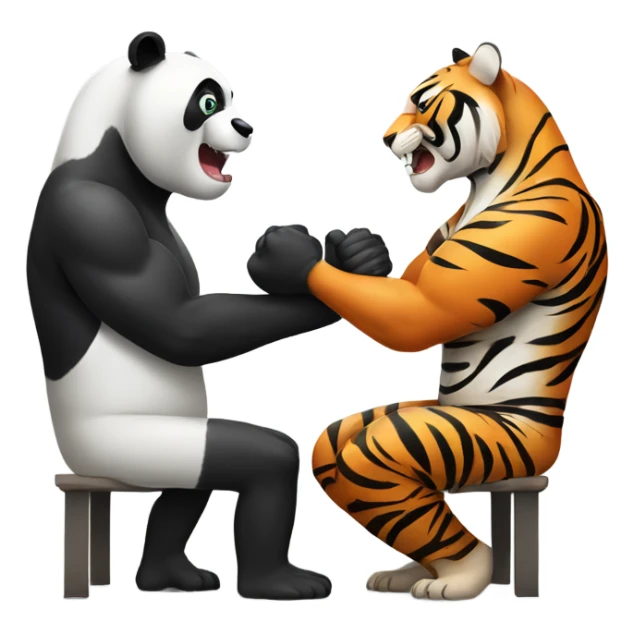 A sweaty panda arm wrestling a confident tiger sticker