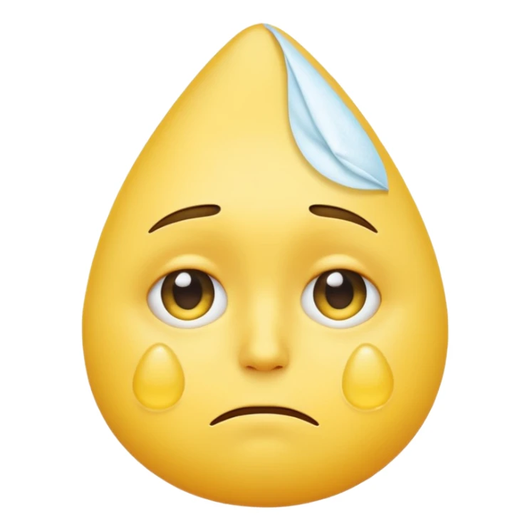 yellow emoji face with sad expression, large teardrop under one eye, white tissue wiping the tear held close to the face, clean white background sticker