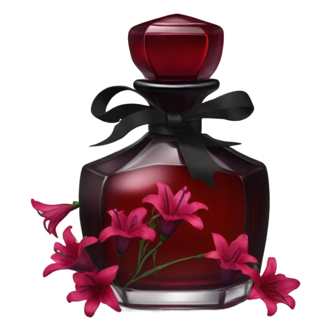 Dark red gothic perfume bottle with red bellflowers and a black ribbon sticker