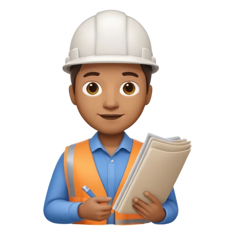 Apple Memoji-style 3D emoji of an architect holding blueprints, clean gradients, rounded shapes, no background. sticker