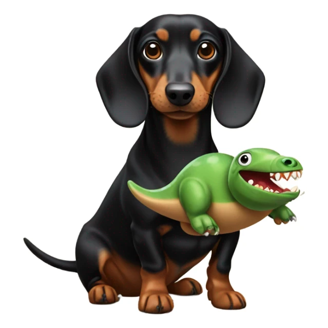 Black and tan dachshund with a small Dino toy in its mouth sticker